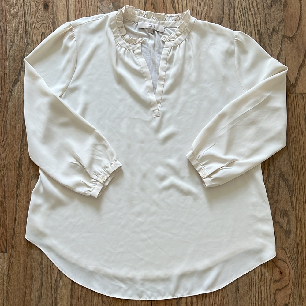 LOFT Cream Ruffle Neck Long Sleeve Blouse